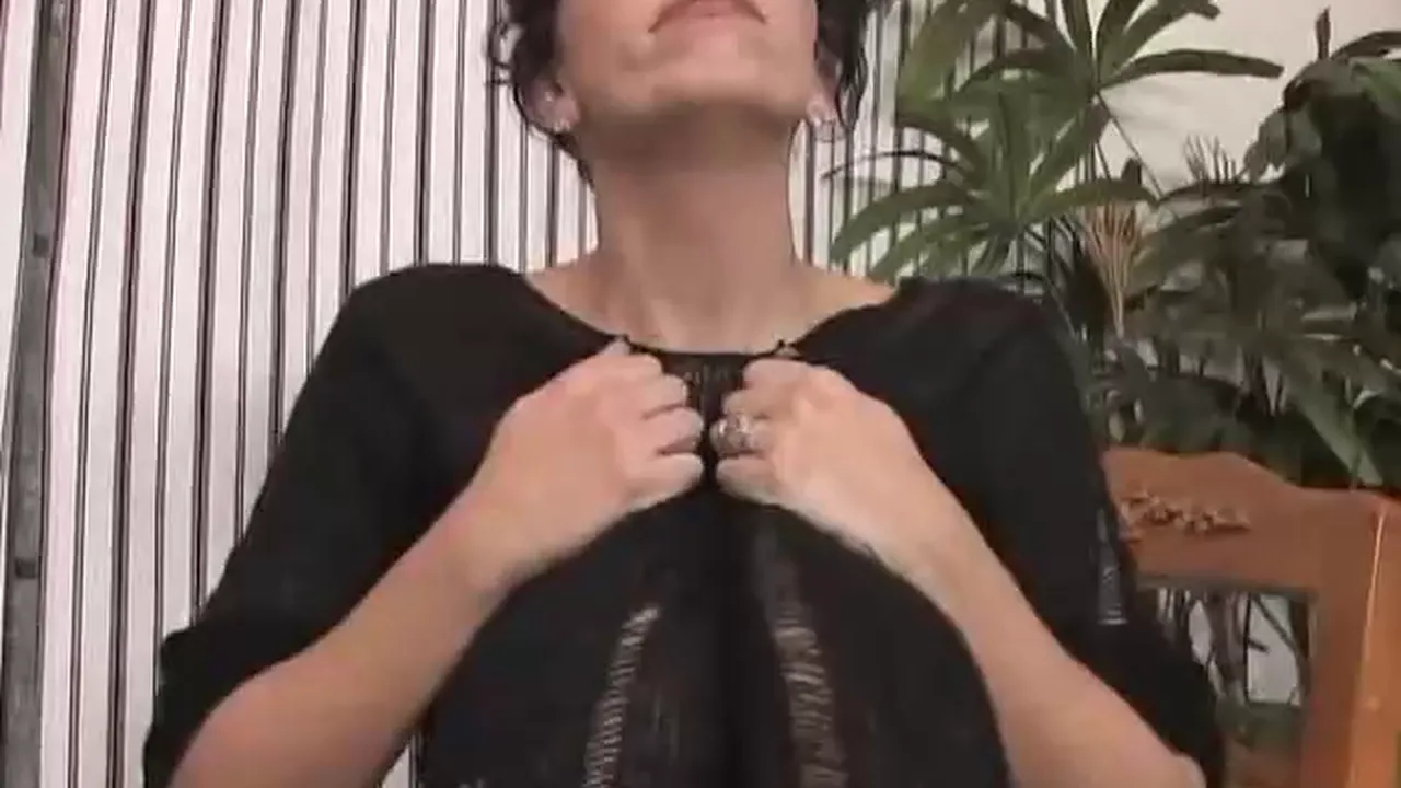 MILF Alia Janin with natural big tits gives handjob and cums on face