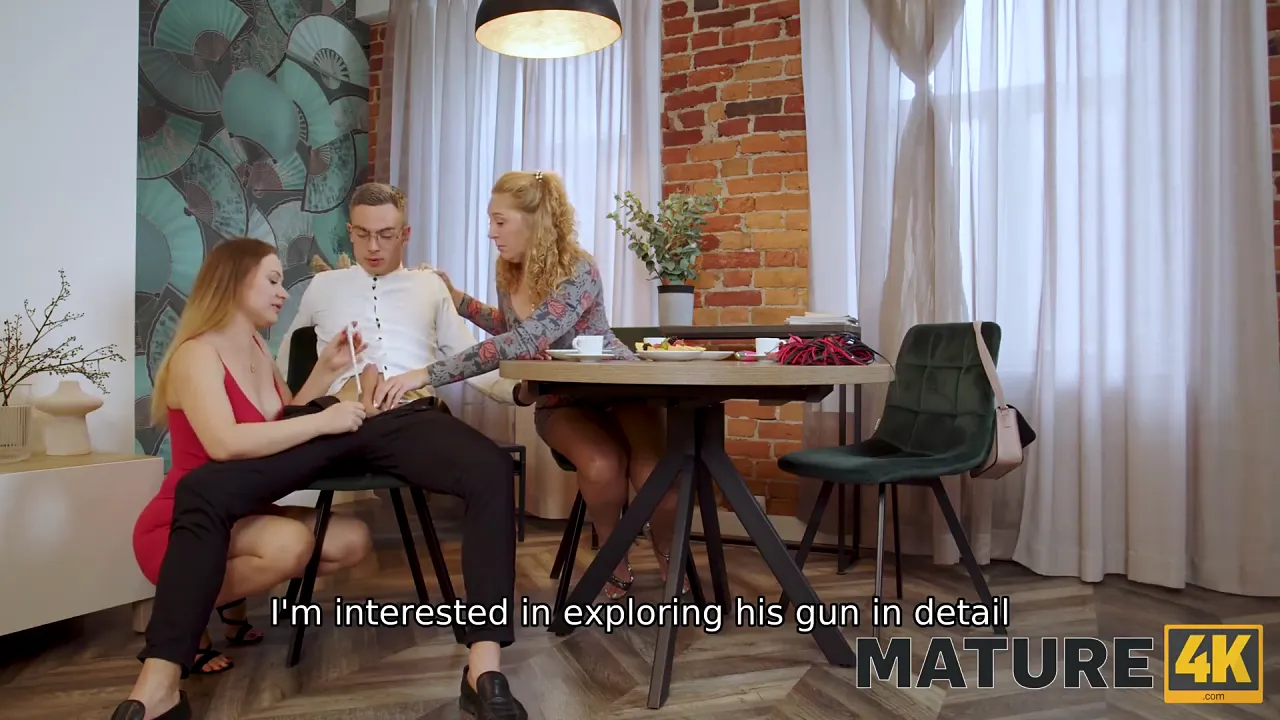 Mature Russian MILF and her stepdaughter teach a shy nerdy guy how to fuck in a threesome
