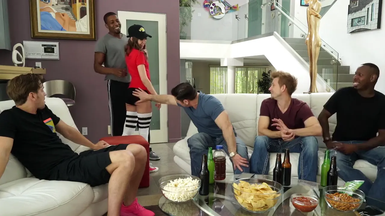 Pizza delivery girl Riley Reid gets gangbanged, double penetrated and covered in cum by