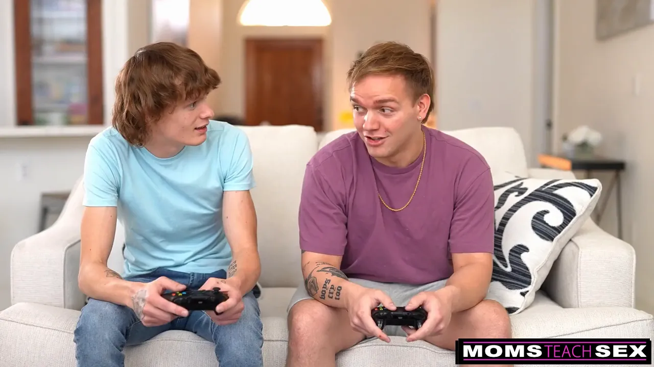 Stepmom blows stepson and his friend, then gets a cumfacial