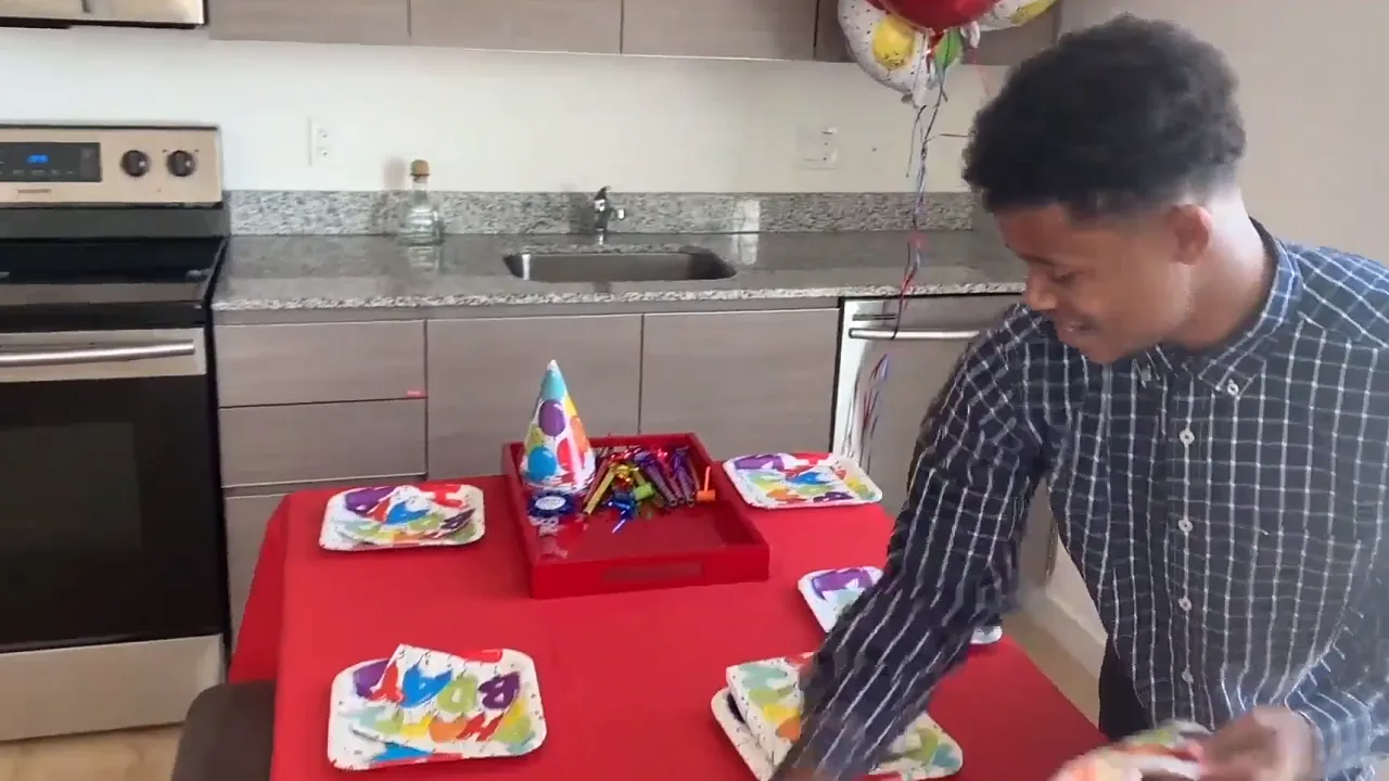 Curly-haired MILF fucks lonely stepson in kitchen after birthday party