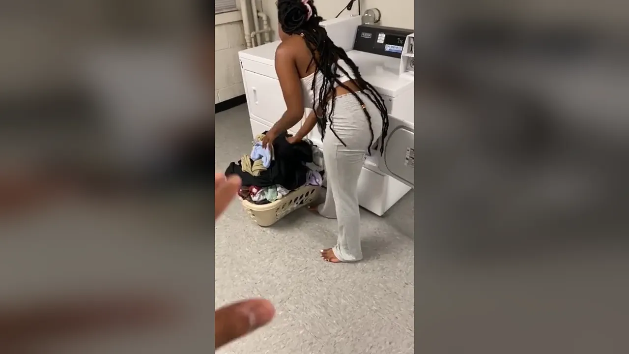 Ebony neighbor sucks cock in laundry room POV