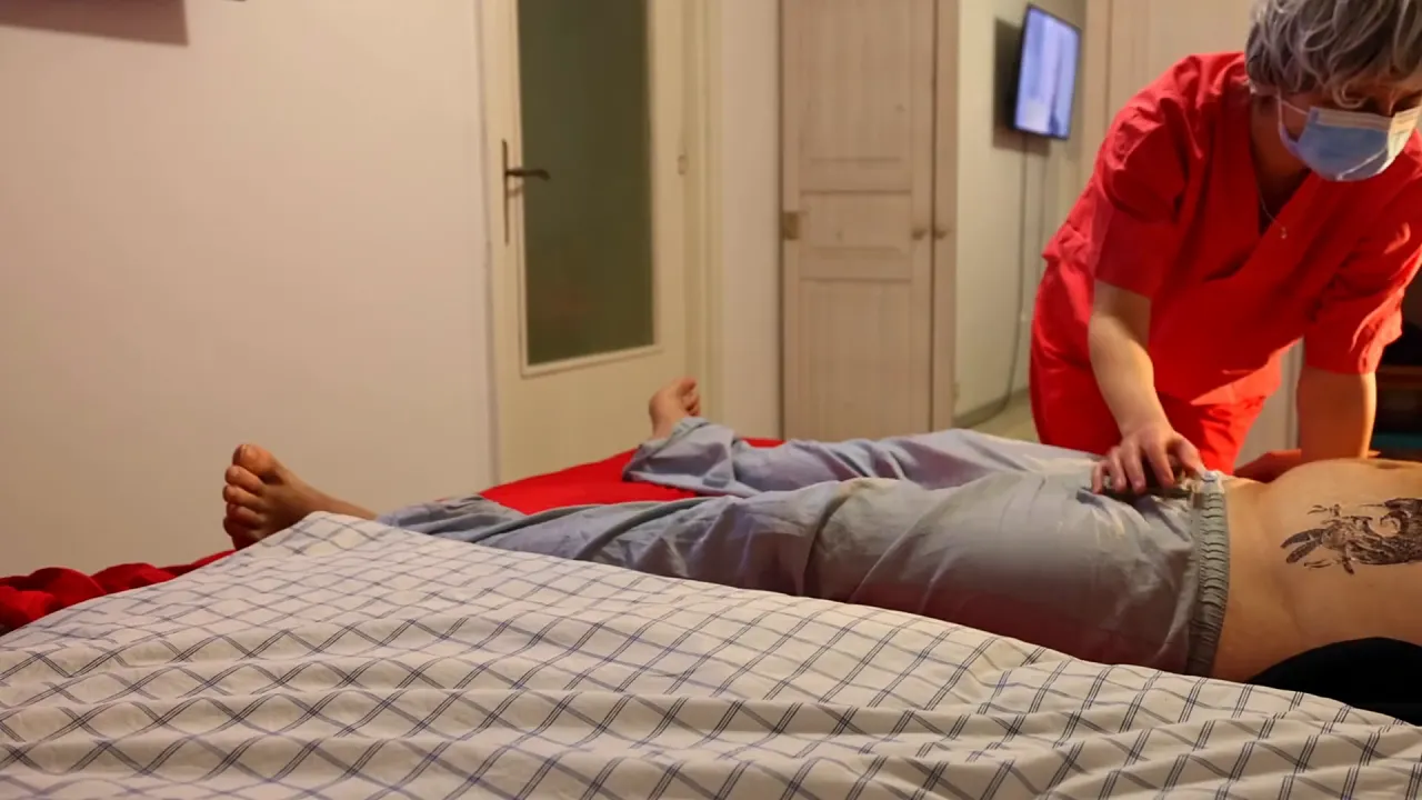Nurse catches her patient masturbating and helps him cum with a hand job