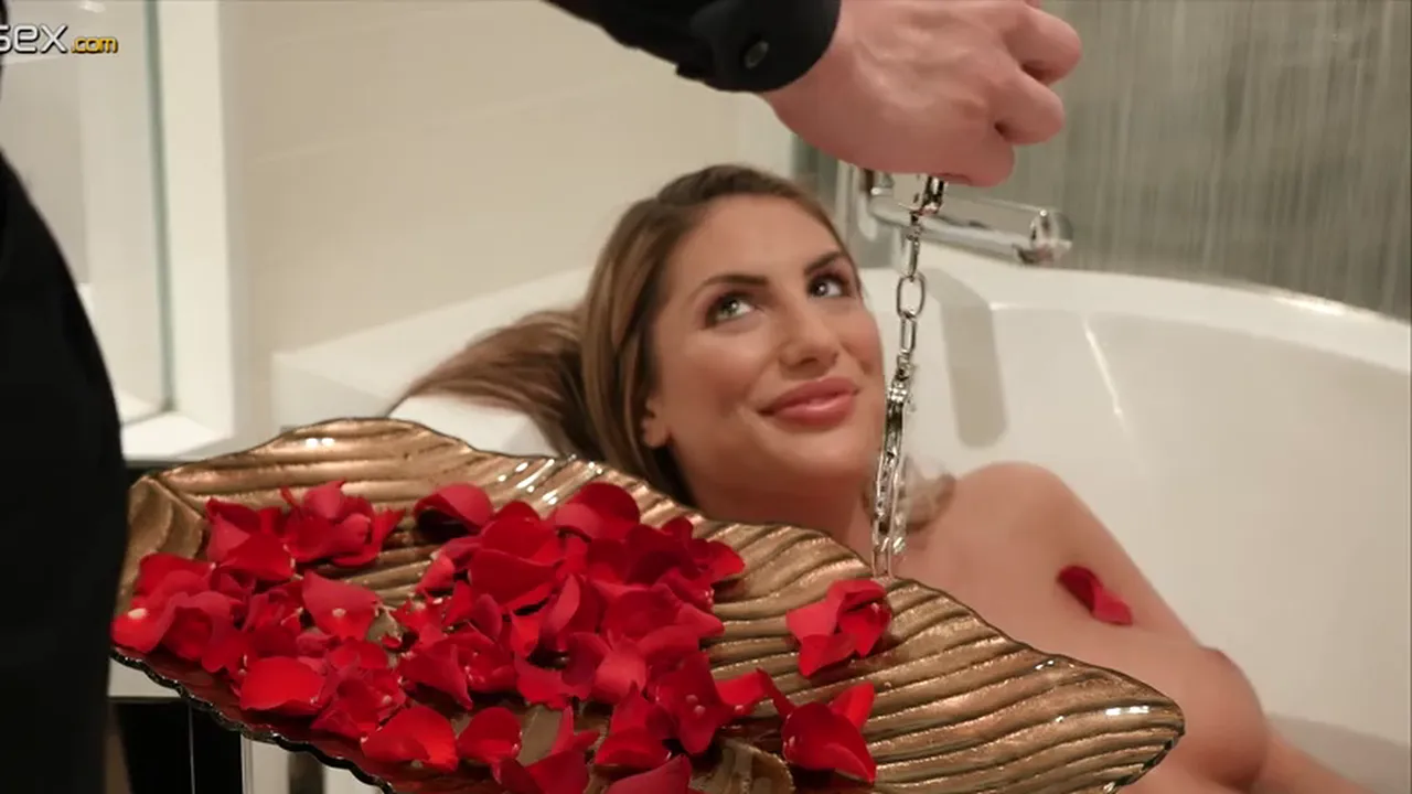 Blonde August Ames sucks cock while cuffed before getting fucked hard