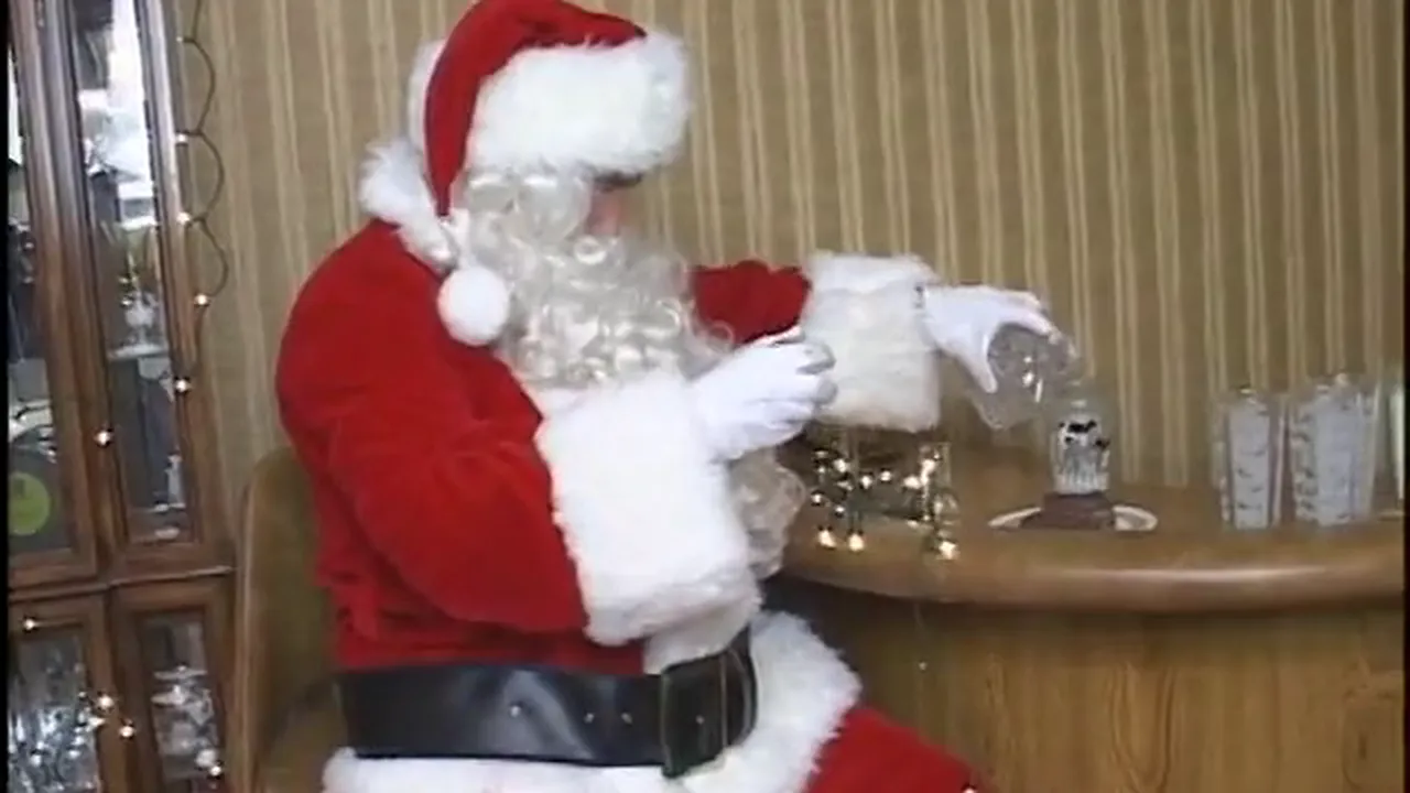 Mature BBW with big ass and natural tits sucks Santa's fat cock before riding him