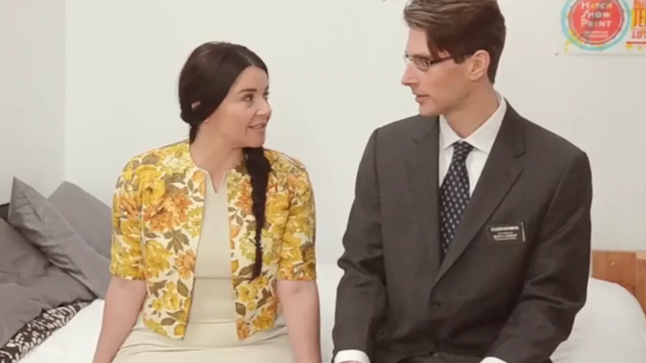 Shy Mormon couple: Mature brunette handjobs make shy guy cum on her big tits