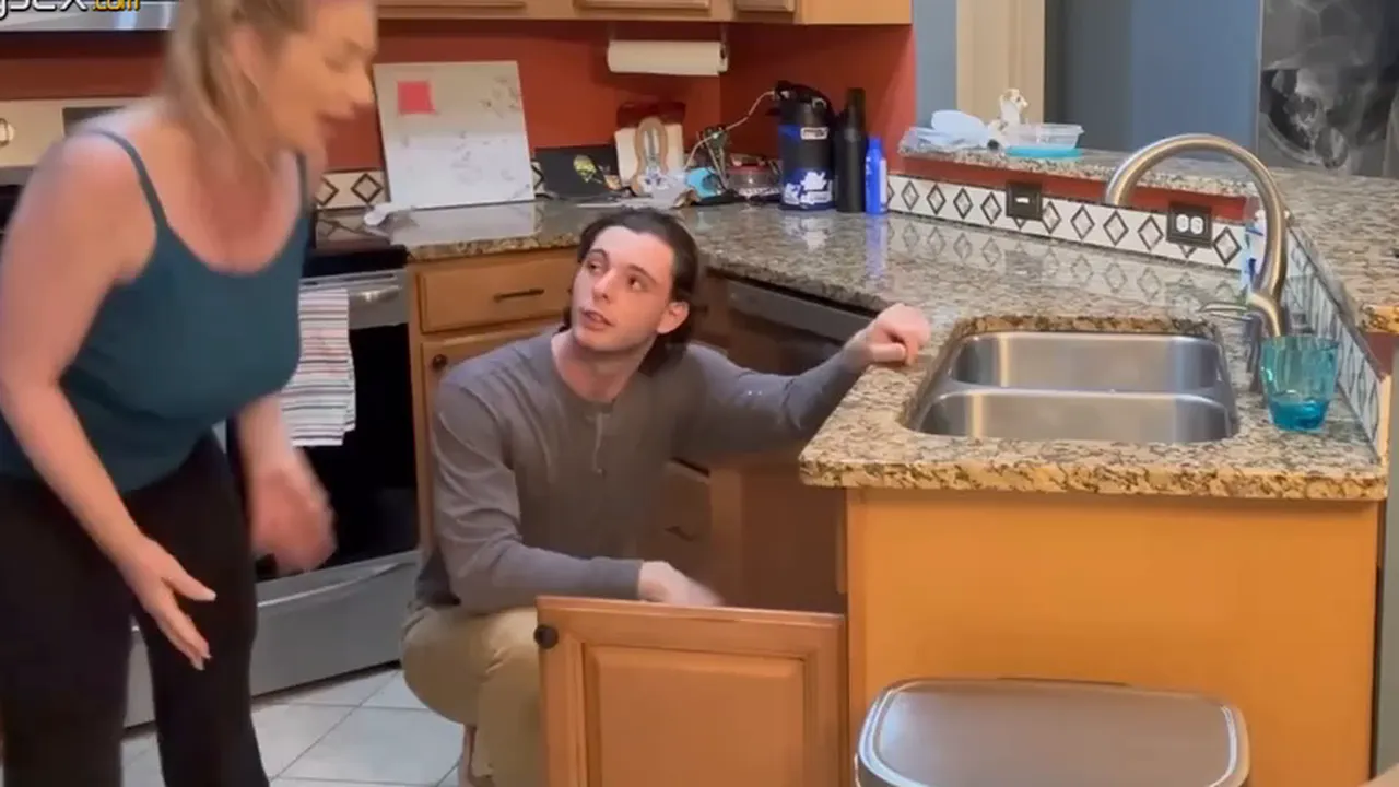 Mature blonde MILF sucks and fucks her stepson's friend in the bathtub