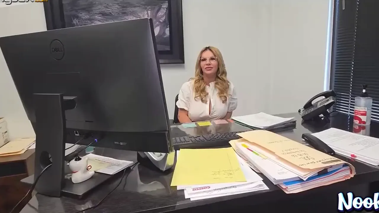 MILF secretary Misty Caitlin gives her boss a hardcore footjob and fucks him in the office