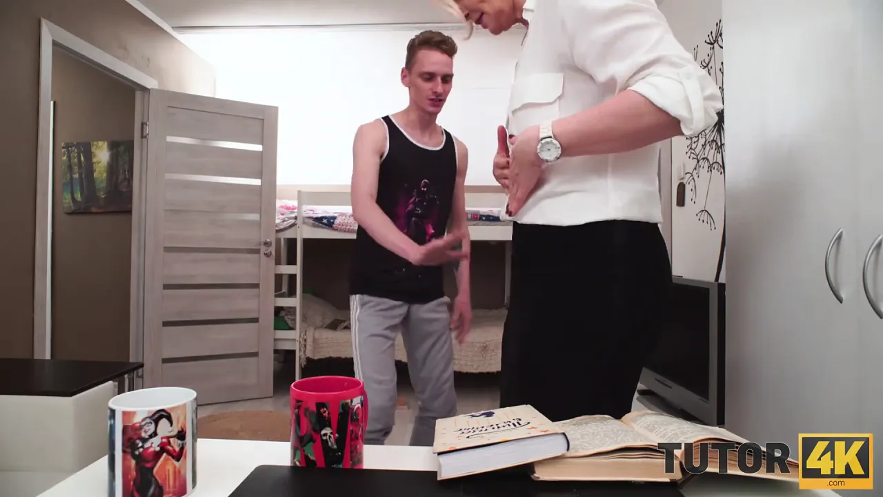 Blonde MILF teacher seduces student for a blowjob and sex to keep her job