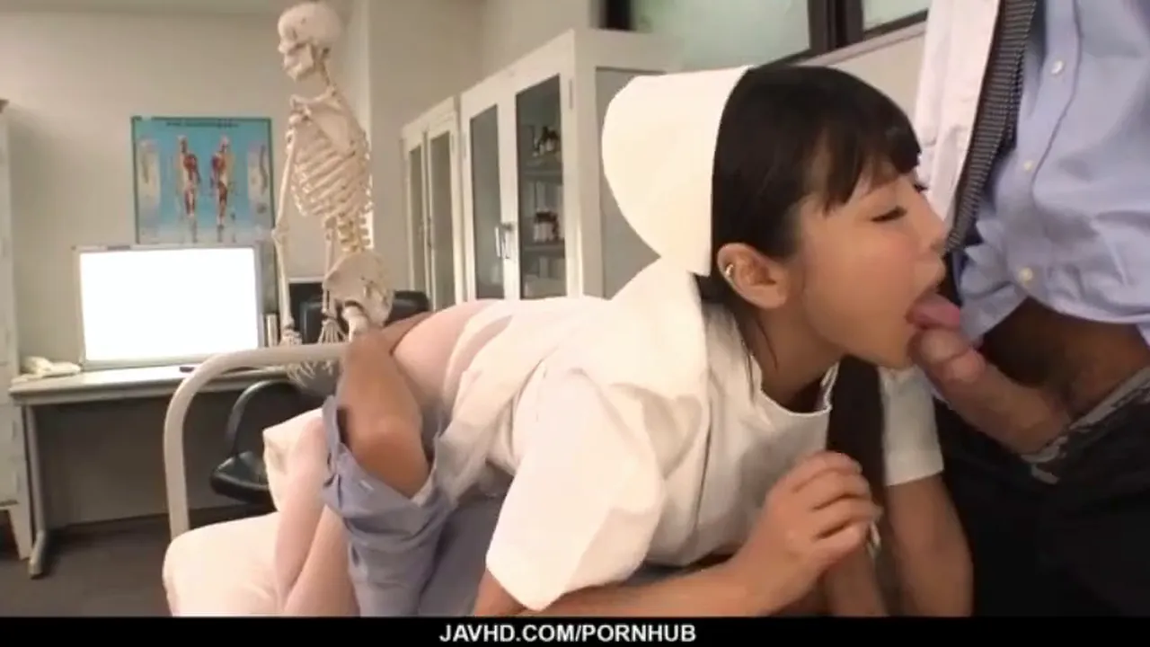 Asian nurse role-play threesome with big tits, small tits and shaved pussy