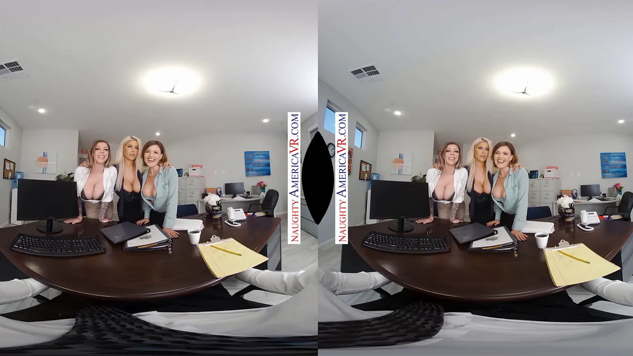 Bridgette B, Karma Rx and Krissy Lynn fuck in an office POV with pussy licking