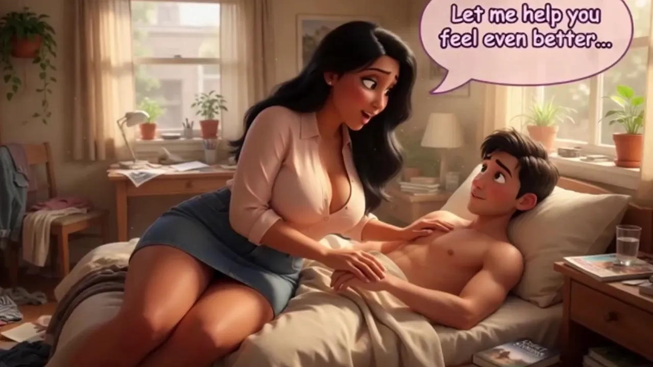 Curvy AI-generated MILF gets caught and has sex with a man who was masturbating