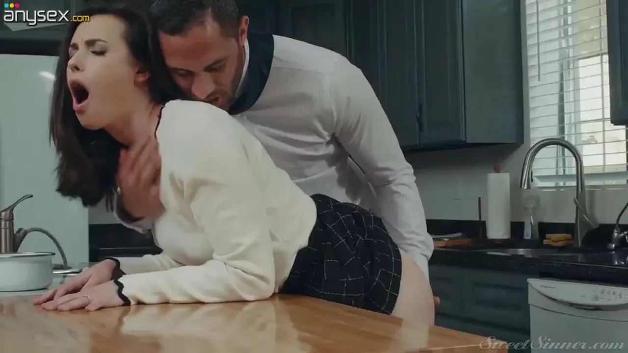 Insatiable husband fucks his sexy brunette wife Casey Calvert in the kitchen