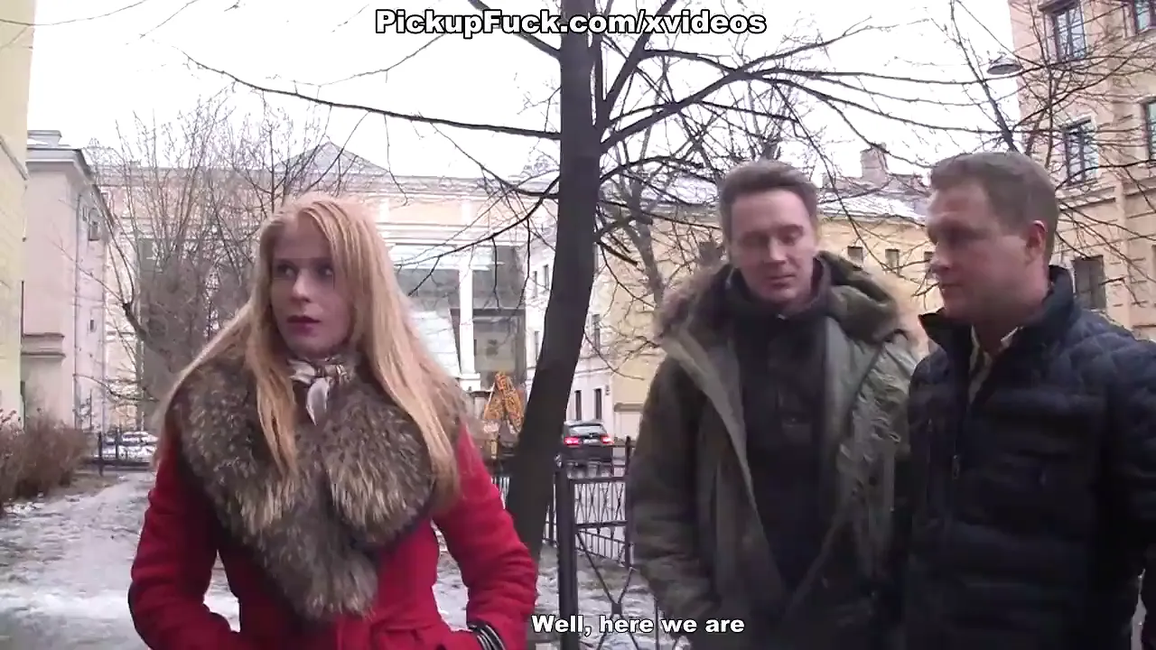 Blonde college teacher strips and sucks in a threesome for money