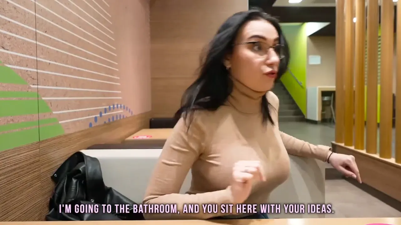 Slim stepmom gives her stepson a blowjob in the public toilet, then adds his sperm to her