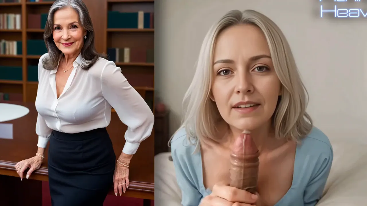 Busty white-haired grandma provides a handjob and fucks a big cock in 3D