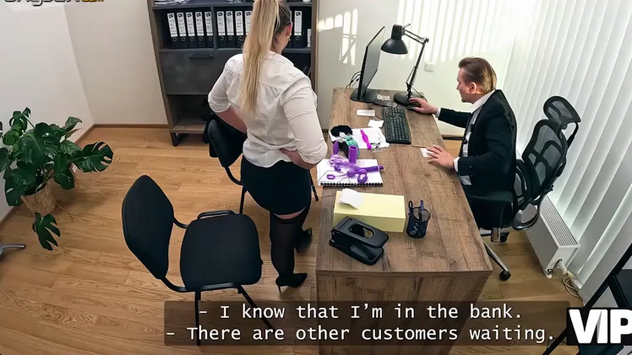 Blonde Jennifer Mendes convinces manager Stanley Johnson to give her a loan by having sex