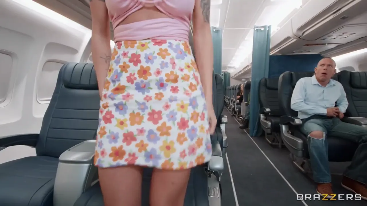 Flight attendant BBW sucks and fucks two passengers in an anal threesome during the flight