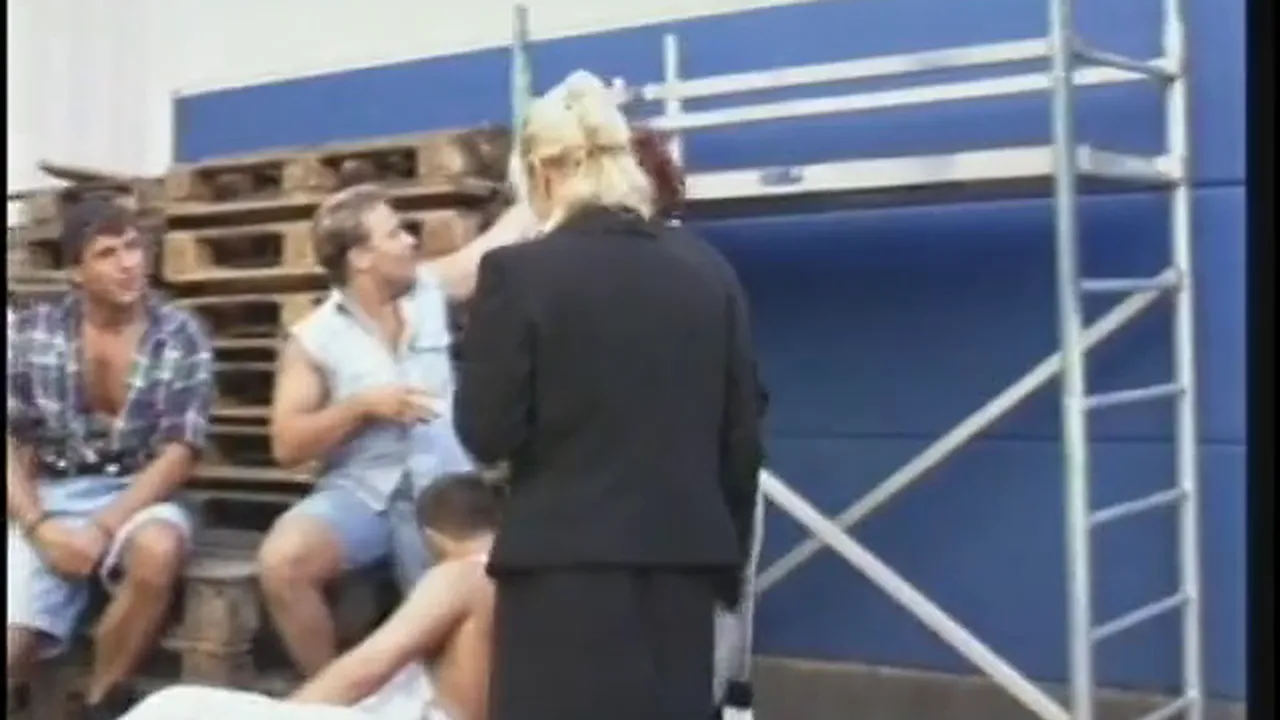 Old blonde grandma sucks cock while getting fucked from behind