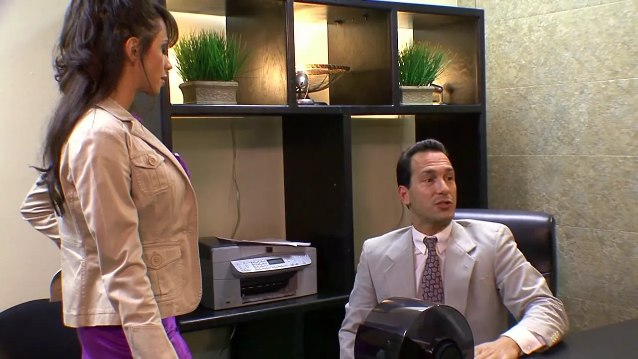 Brunette babe Ariella Ferrera has an office orgy with Seth Gamble in vintage role-play