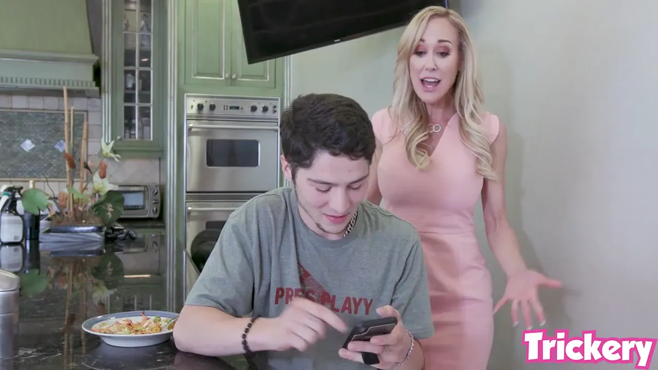 Blonde MILF Brandi seduces her stepson and has sex with him in his bedroom