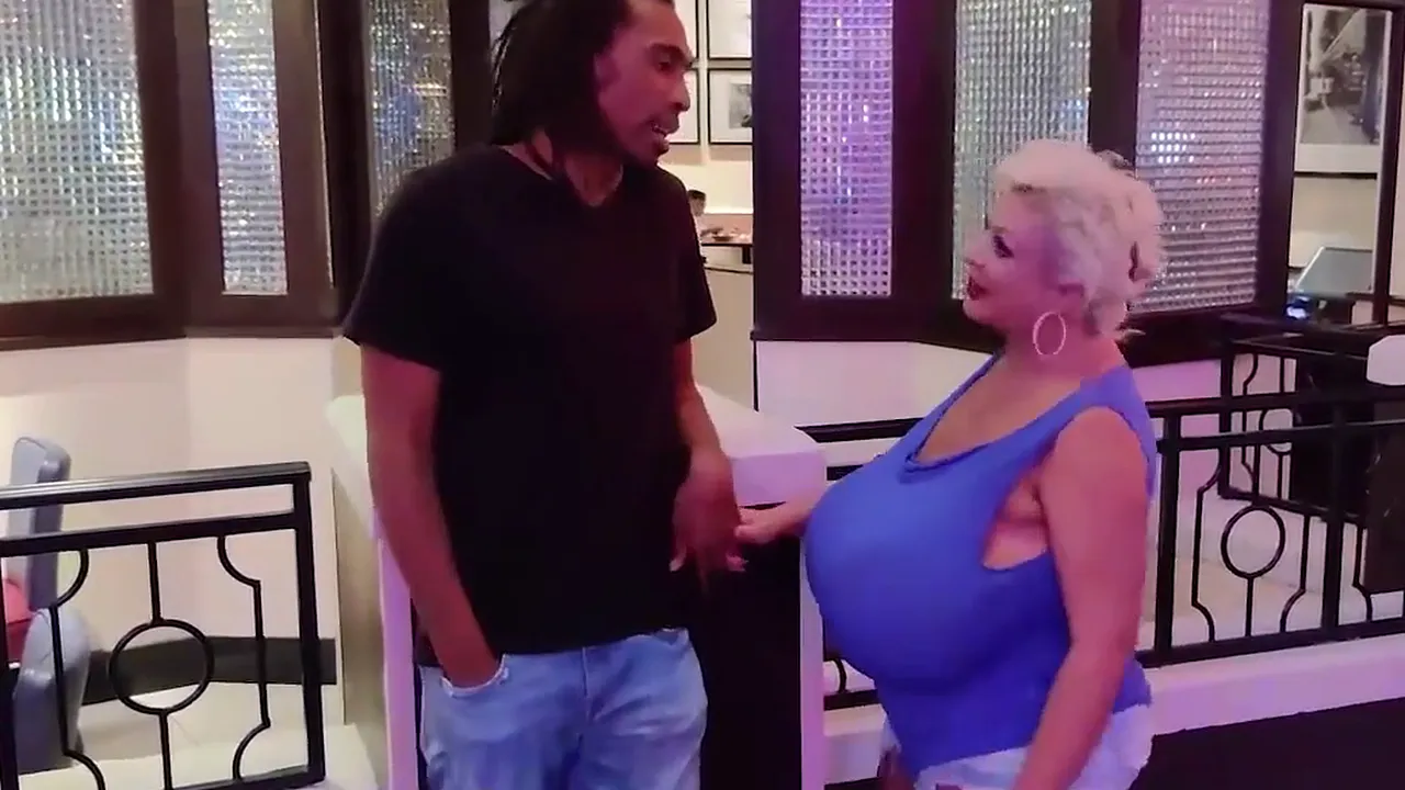 Mature woman with huge fake tits picks up black man for sex