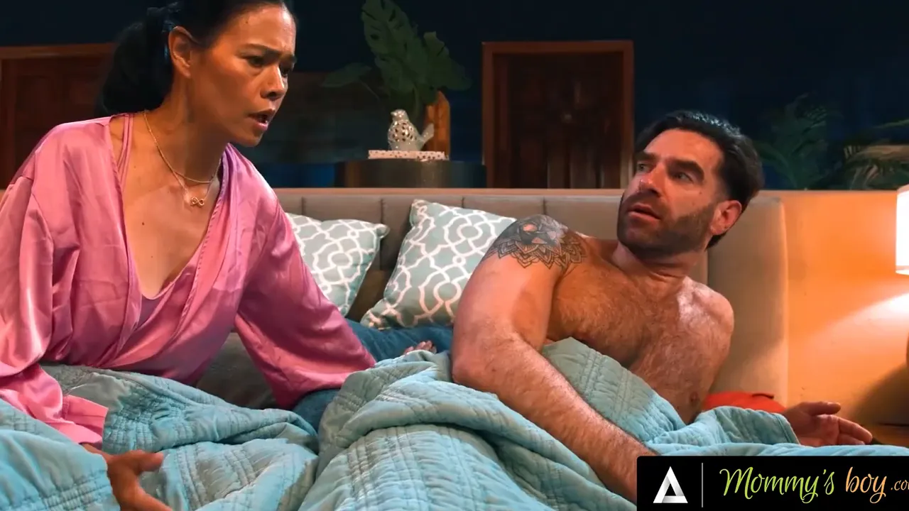 Asian stepmom and stepsister have group sex with the stepbrother and stepdad in bed