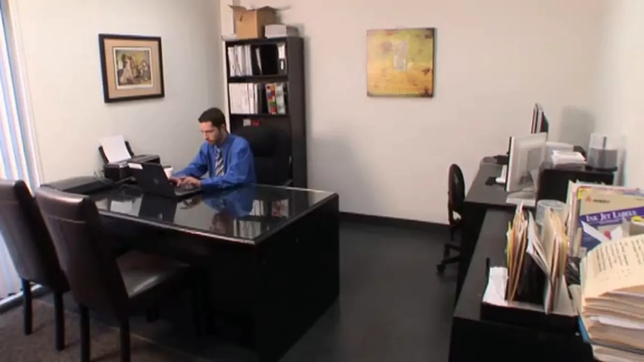 Beautiful blonde office girl gives blowjob and cums on face