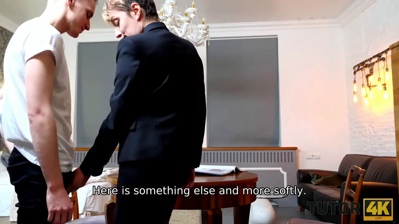 Strict Russian tutor gets a quick blowjob and sex from her student in stockings