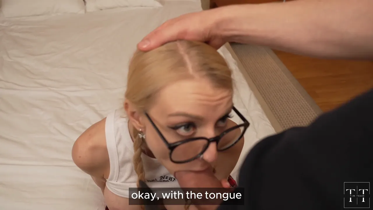Blonde Alisa Wonderland gets her big cock covered in cum after a wet blowjob